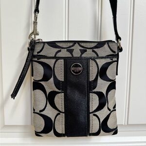 Coach Black and Grey Signature Canvas Mini Messenger Crossbody Bag. 8”x8.5”x0.5”